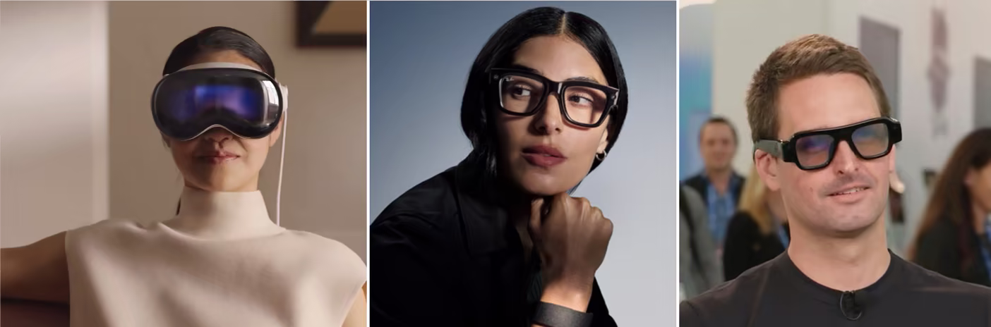 Side by side marketing shots of people wearing a Vision Pro, Meta Ray-ban, Snap Spectacles.